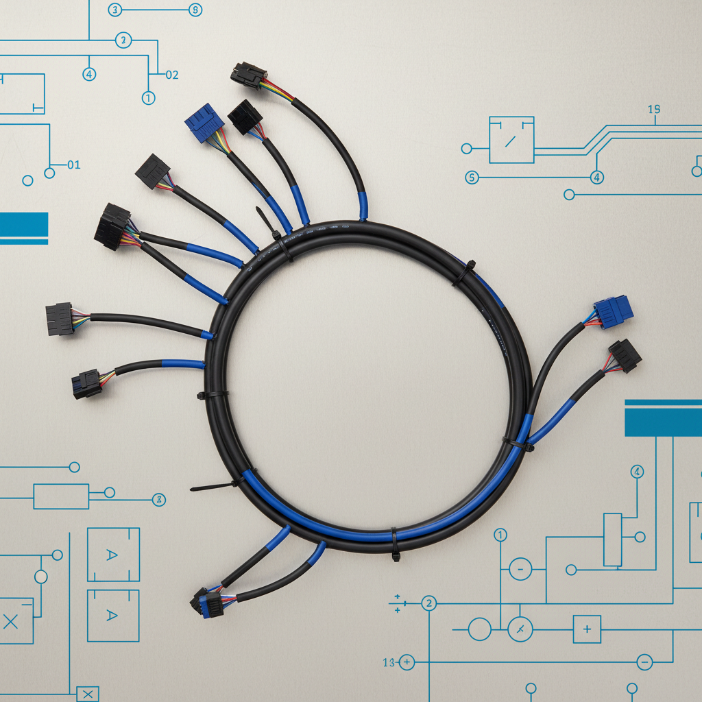 A comprehensive layout of a finished custom wiring harness fitted with heat-shrink tubing and cable ties, elegantly arranged on a neutral textured background sheet that mimics lightly brushed steel. Around the harness, precise schematic diagrams and digital blueprints are partially visible, hinting at the engineering process. Gentle, even corporate lighting minimizes harsh contrasts, offering clarity and structure. Shot from directly overhead in a flat lay style, the image has a crisp, balanced composition—projecting modern professionalism and attention to structured cable solutions for high-tech applications.