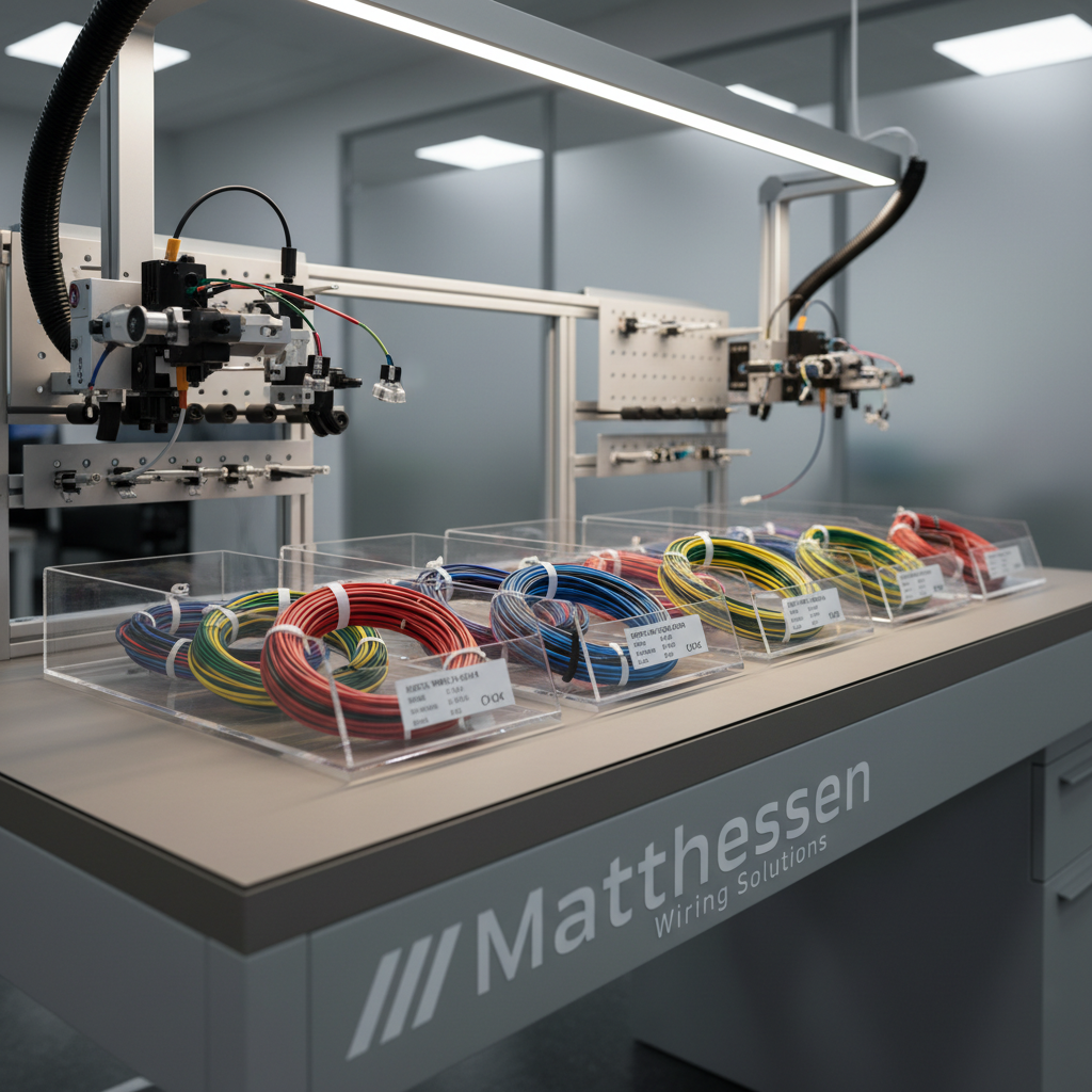 A clean and modern photographic representation of small-batch cable harness production, showing several harnesses organized in dedicated trays on a spotless assembly line table. Each tray contains meticulously arranged harnesses with tags indicating production details. Sleek metallic tool fixtures and neutral-toned work surfaces surround the trays. Soft overhead lighting ensures every cable is clearly visible, casting gentle, non-distracting shadows for a unified visual effect. Captured from an off-center, eye-level angle, the image achieves corporate minimalism and balance, reinforcing Matthessen Wiring Solutions’ capacity for quality-controlled series production.