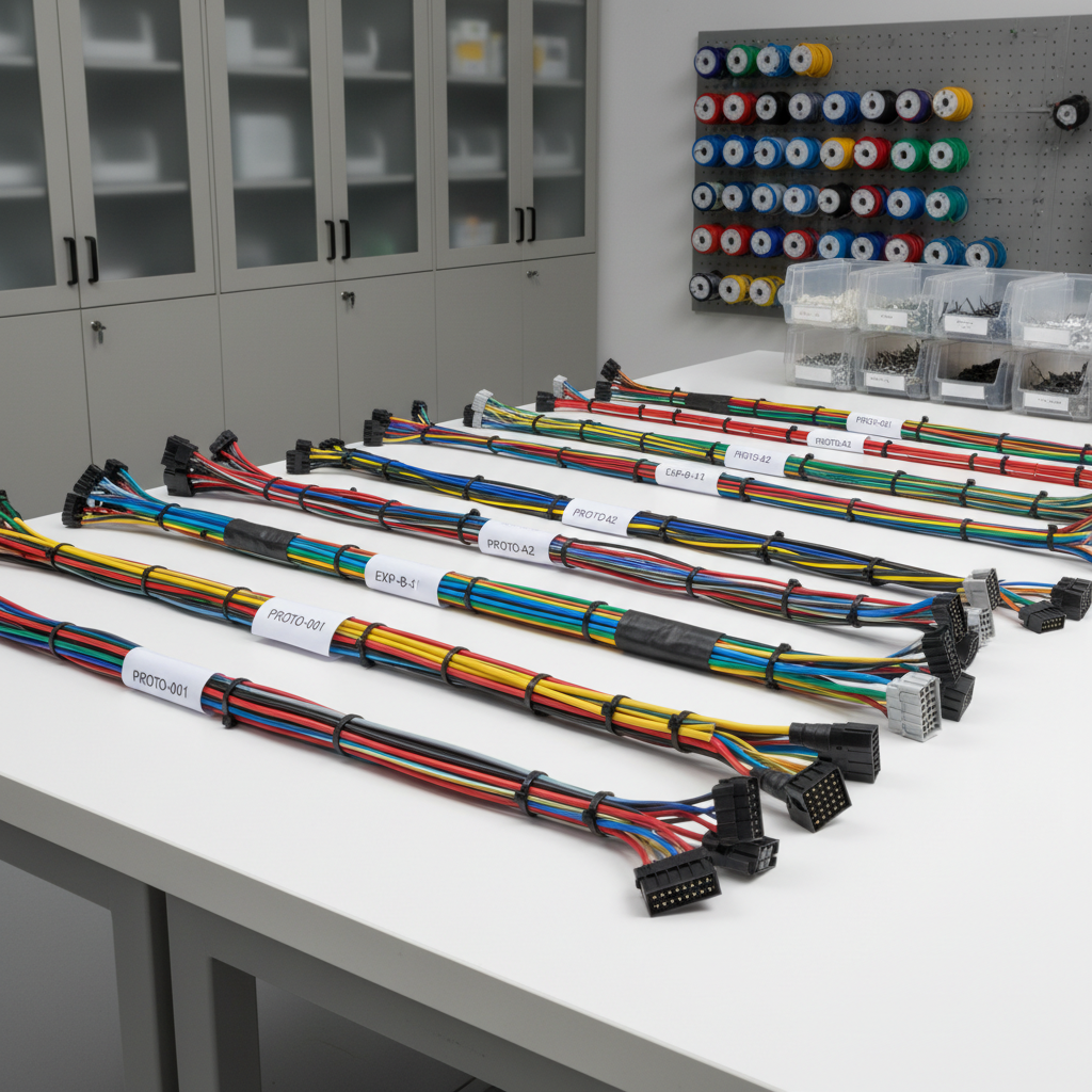 An organized array of various prototype wiring looms laid out in parallel lines on a pristine white laboratory workbench. Each loom showcases different colors, wire gauges, and insulation types, with neatly fastened ends and labeled tags for easy identification. The background includes neutral-toned cabinets, meticulously arranged spools, and bins, all bathed in soft, diffuse studio lighting. The mood is precise and methodical, conveying an atmosphere of technical expertise. Photographed from a slightly elevated angle with sharp depth of field, the scene maintains a balanced, structured composition and minimalist, corporate photographic realism—emphasizing the variety and quality behind kabelbomen manufacturing.