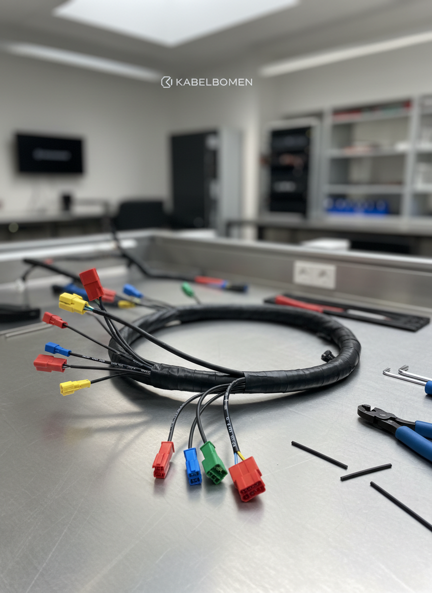 A highly detailed close-up of a sleek and meticulously bundled automotive wiring harness, featuring subtly textured black cables and color-coded connectors with clear numbering on each wire. The harness is artfully coiled in a gentle arc on a smooth brushed aluminum worktop, surrounded by clean, organized tools and precision-cut cable segments. Neutral daylight from an overhead skylight softly illuminates the scene, creating balanced highlights on the cables’ surface and casting soft, deliberate shadows. The photographic composition is eye-level with a wide aperture that keeps the harness sharply in focus while gently blurring the distant background for a clean, modern corporate aesthetic, exuding professionalism and structure—perfectly supporting the site’s focus on kabelbomen.