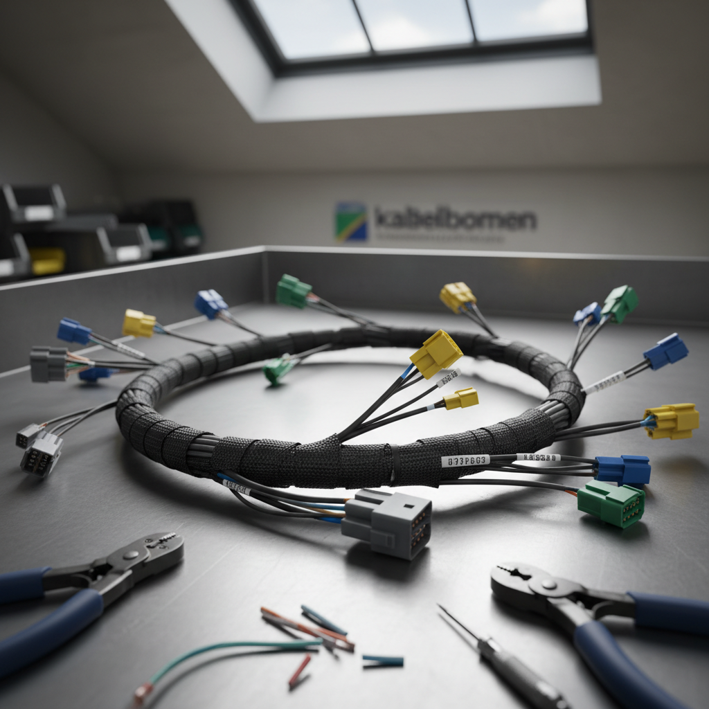 A highly detailed close-up of a sleek and meticulously bundled automotive wiring harness, featuring subtly textured black cables and color-coded connectors with clear numbering on each wire. The harness is artfully coiled in a gentle arc on a smooth brushed aluminum worktop, surrounded by clean, organized tools and precision-cut cable segments. Neutral daylight from an overhead skylight softly illuminates the scene, creating balanced highlights on the cables’ surface and casting soft, deliberate shadows. The photographic composition is eye-level with a wide aperture that keeps the harness sharply in focus while gently blurring the distant background for a clean, modern corporate aesthetic, exuding professionalism and structure—perfectly supporting the site’s focus on kabelbomen.